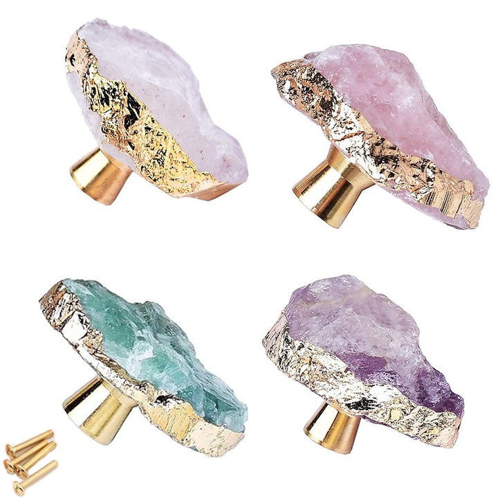 Set 4 manere de dulap, Piatra de cristal natural cuart, Hand-made, Multicolor