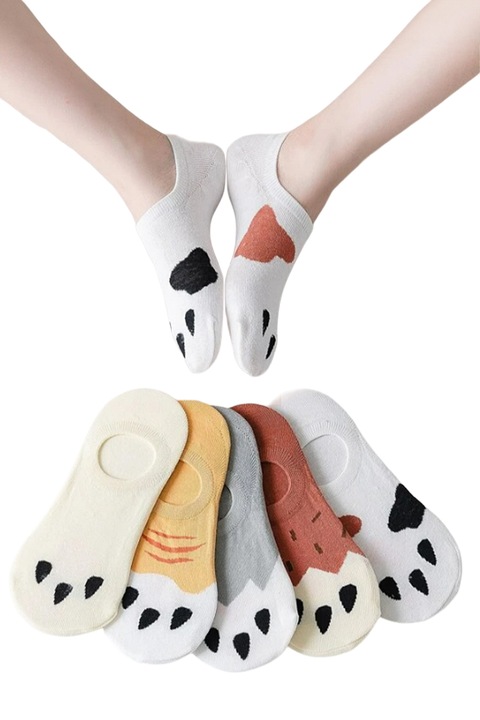Sosete dama, set 5 perechi, model scurt sub glezna, cu imprimeu gherute, tematica animal kingdom, anti – slip, marime 38 – 42, multicolore, EFAYN