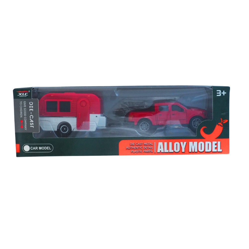 Set masina off-road cu rulota, Diecast, metal si plastic, rosu si alb ...