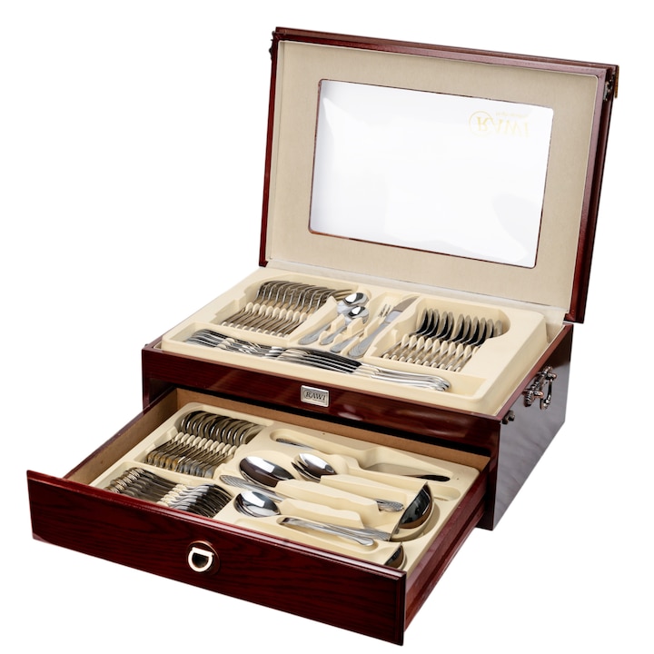Set tacamuri din inox, cu model, 72 piese cu diplomat, RAWI