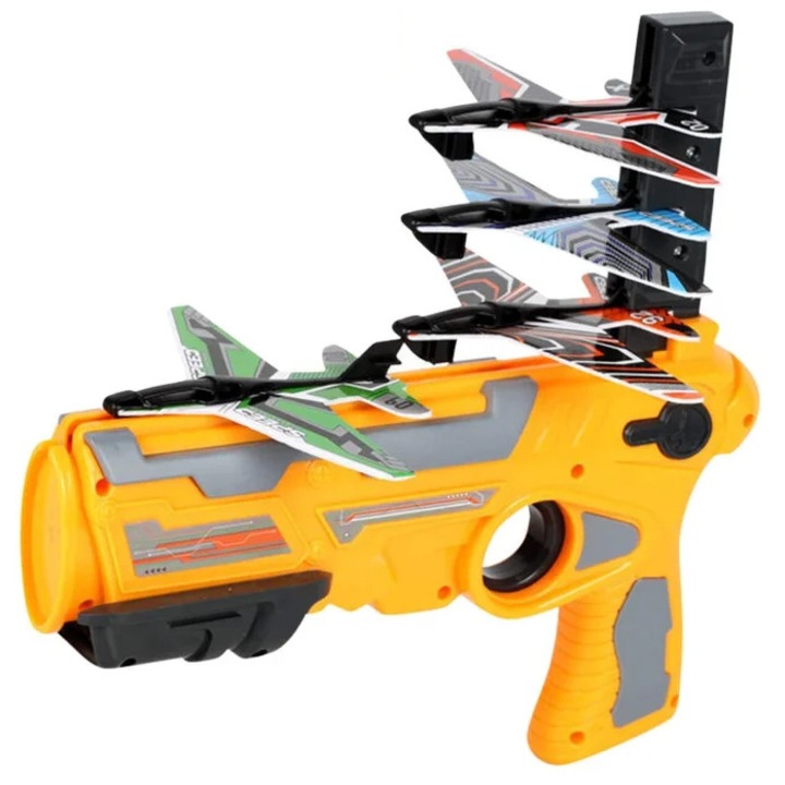 Pistol Interactiv de Jucarie, Lansator de Avione, Distanta de zbor 3-5m, Galben