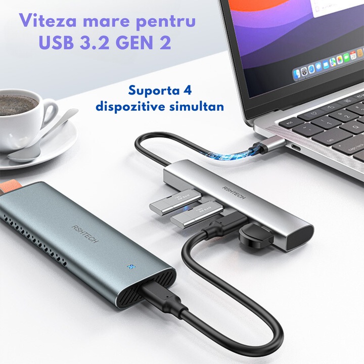 Хъб USB C Type-C, USB 3.2, 4 в 1, 4 USB C порта, 10Gbps висока скорост, съвместим с Windows/Vista/Mac OS/Linux, сив