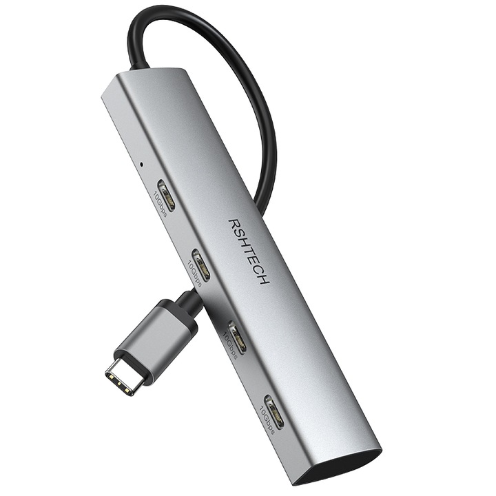 Хъб USB C Type-C, USB 3.2, 4 в 1, 4 USB C порта, 10Gbps висока скорост, съвместим с Windows/Vista/Mac OS/Linux, сив