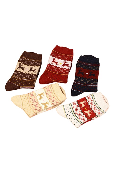 Sosete dama, set 5 perechi, model calduros, imprimeu cu reni, tematica winter is coming, marime 38 – 42, multicolore, EFAYN