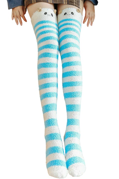 Дамски чорапи, модел на райе, дълги над коляното, топли и с аксесоари с уши, топла секси зимна тема, номер 38-42, светло сини, EFAYN