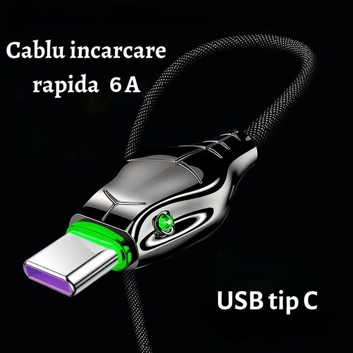 Cablu Date si incarcare ultra rapida 6A, compatibil Samsung, Huawei, Xiaomi, 100W, 2 metri, Type-C, culoare negru