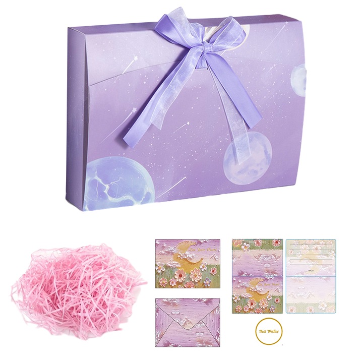 Подаръчна кутия 3в1, кутия + 20g рафия + картичка, 35x25x7cm, виолетова