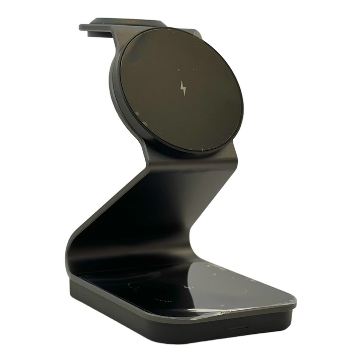 Incarcator wireless 3 in 1 Magsafe cu incarcare rapida QI Fast Charge 15 W, Suport telefon, Aluminiu, Compatibil iPhone, Samsung, Xiaomi, Apple Watch, Airpods Pro, Huawei, Oppo, Galaxy Buds, TWS, Negru