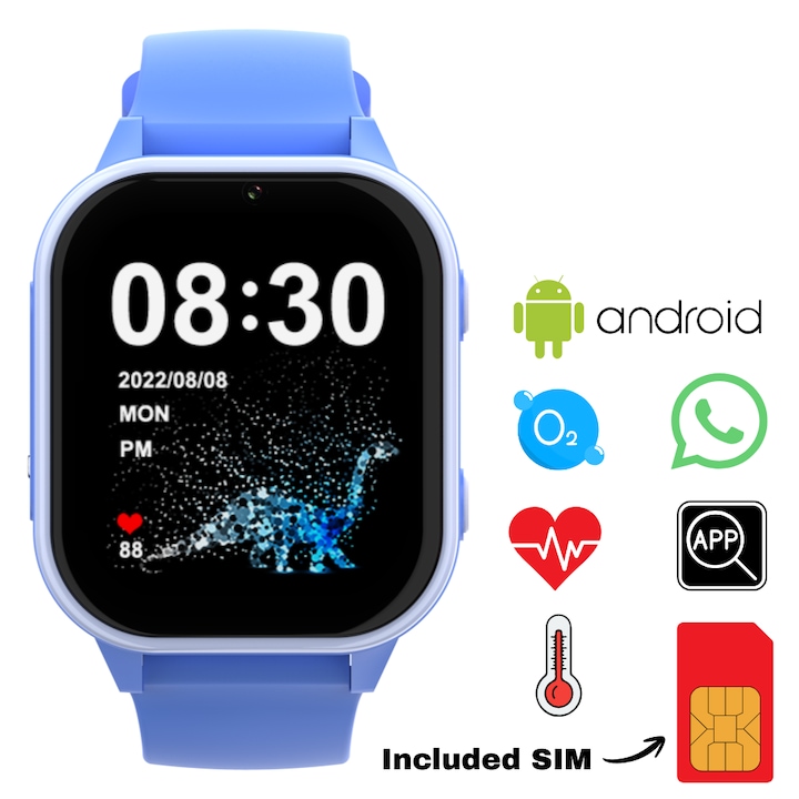 Ceas Smartwatch GPS Copii cu Localizare si Telefon Techone™ KT19T, 1.85 Inch RETINA, 4G LTE, Temperatura, Apel Video, Camera HD, Wi-Fi, Rezistent La Apa IP67, Telefon, Buton SOS, Monitorizare Spion, Albastru