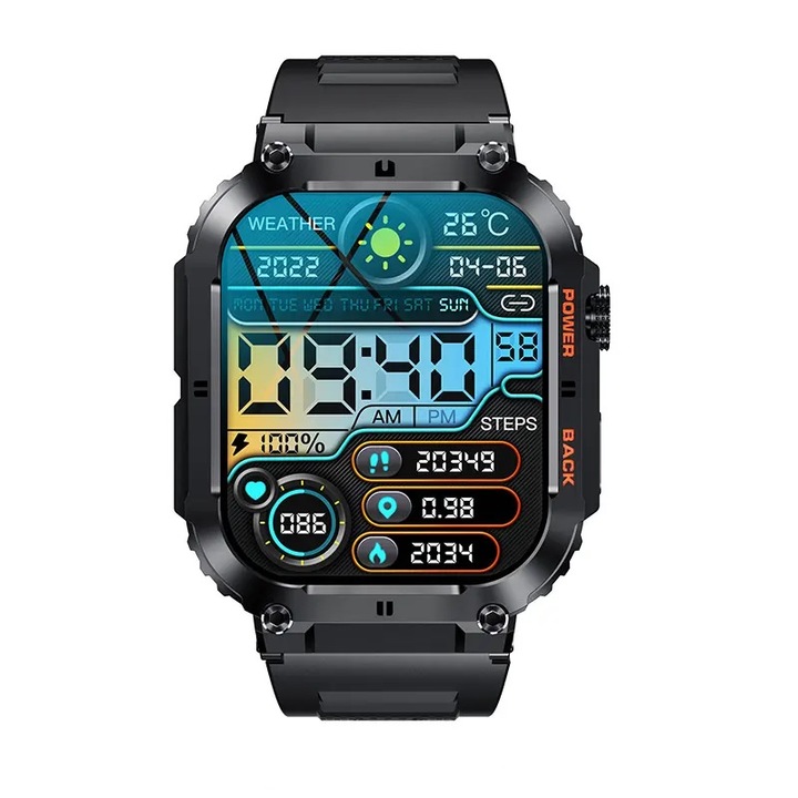 Ceas Smartwatch ACFAPRO™, ecran 1.96" IPS HD, Bluetooth, Oximetru, Monitorizare Somn si Ritm Cardiac, Timer, Pedometru, Compatibilitate Android/iOS, 106 Moduri Sport, Incarcare Wireless, IP68, Meniu in Romana, Negru