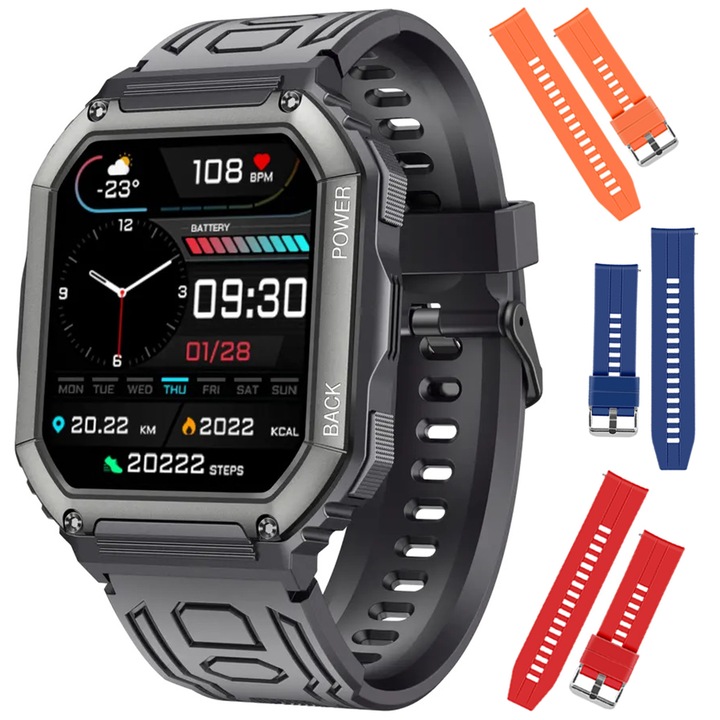 Smartwatch, 1.8 inches, IPS Star HD, 3 óraszíj, hívás funkció, Bluetooth 5.0, hangasszisztens, pulzusszám, vérnyomás, alvás, véroxigén, lépésszámláló, fizikai aktivitás, zenelejátszó, vízálló IP67, időjárás, Közösségi média, Fekete, OptimStar