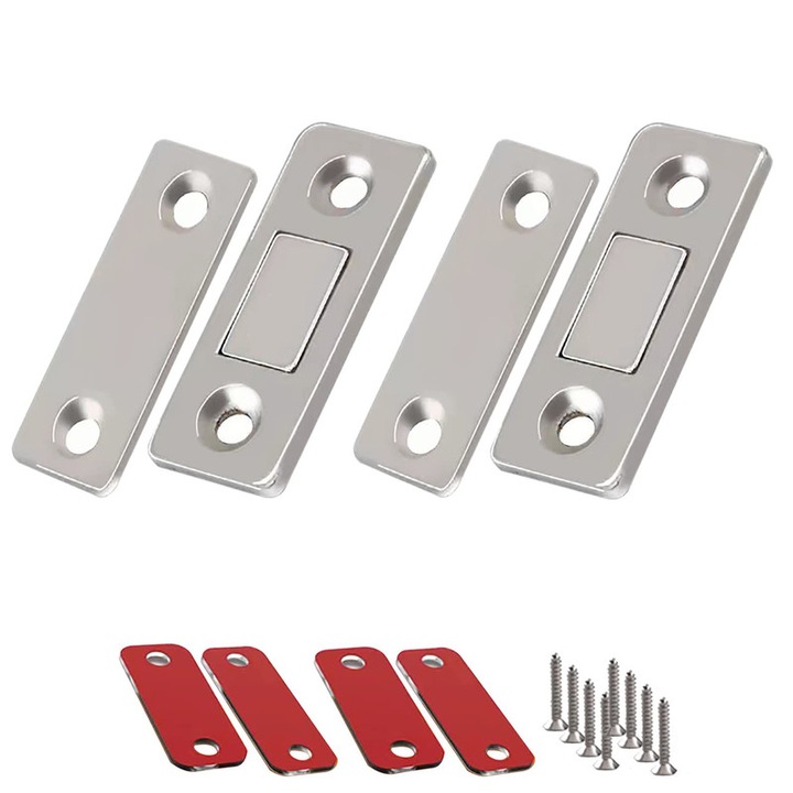 Set de 4 inchizatoare magnetice slim, JENUOS®, potrivite pentru usi formate din tractiune, usi culisante sau usi de dulap, cu suruburi, 4x1.7cm
