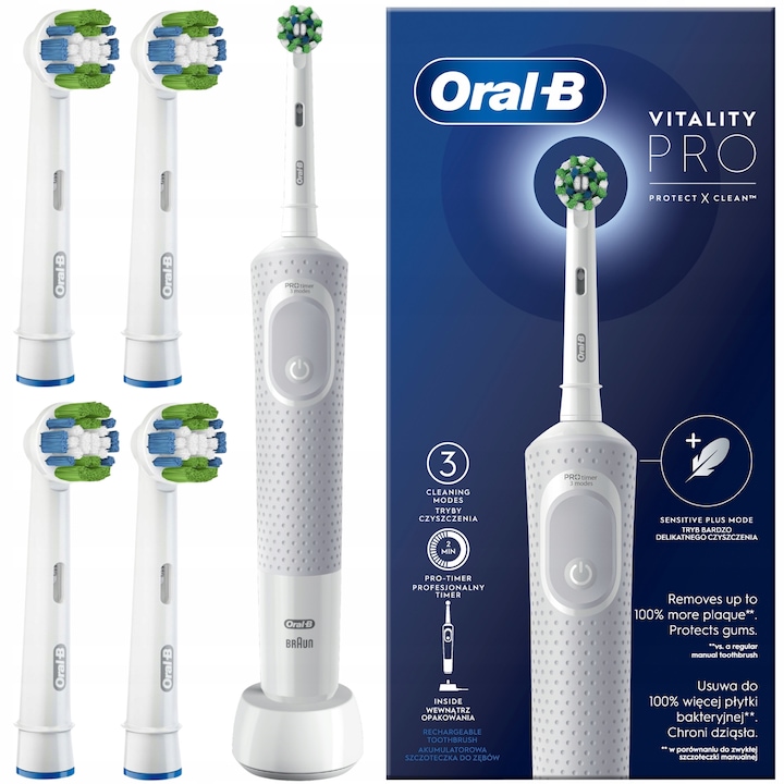 Szett, elektromos fogkefék Oral-B Vitality PRO Protect X Clean, fehér, 4x Precision Clean