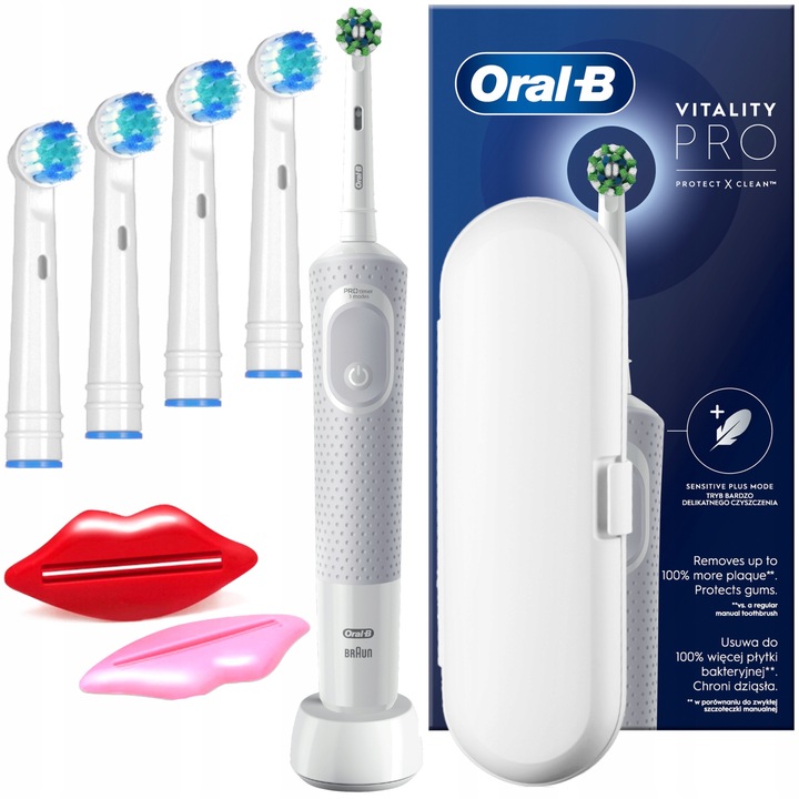 Szett, Oral-B Vitality PRO Protect X Clean elektromos fogkefék, fehér, 4x tartalék fej, utazótáska, 2x pasztanyomó
