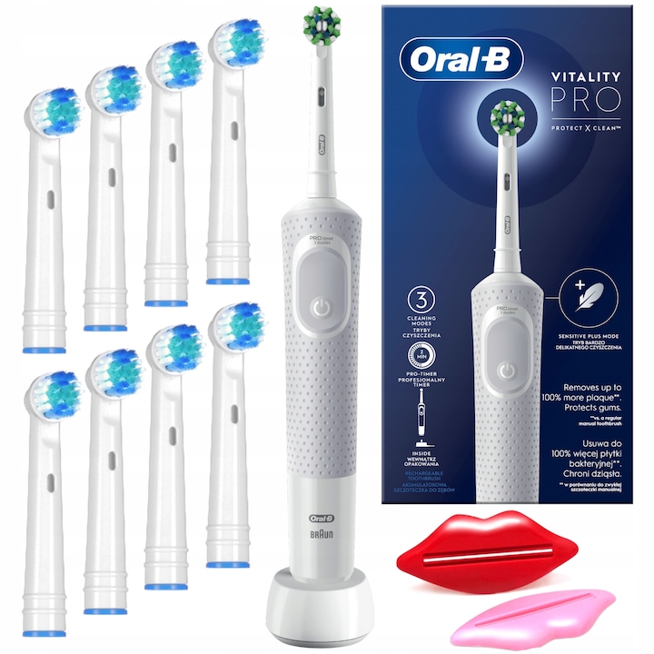 Szett, Elektromos fogkefék Oral-B Vitality PRO Protect X Clean, fehér, 8x tartalék fej, 2x paszta kiszívó