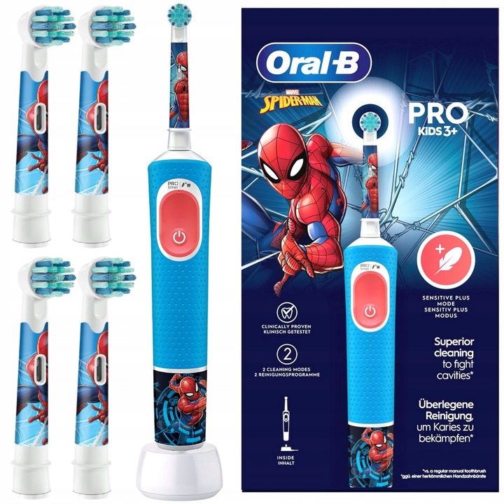 Комплект, Електрическа четка за зъби за деца, Oral-B Vitality PRO Kids 3+, Спайдърмен, Алабастър, 4x Резерв
