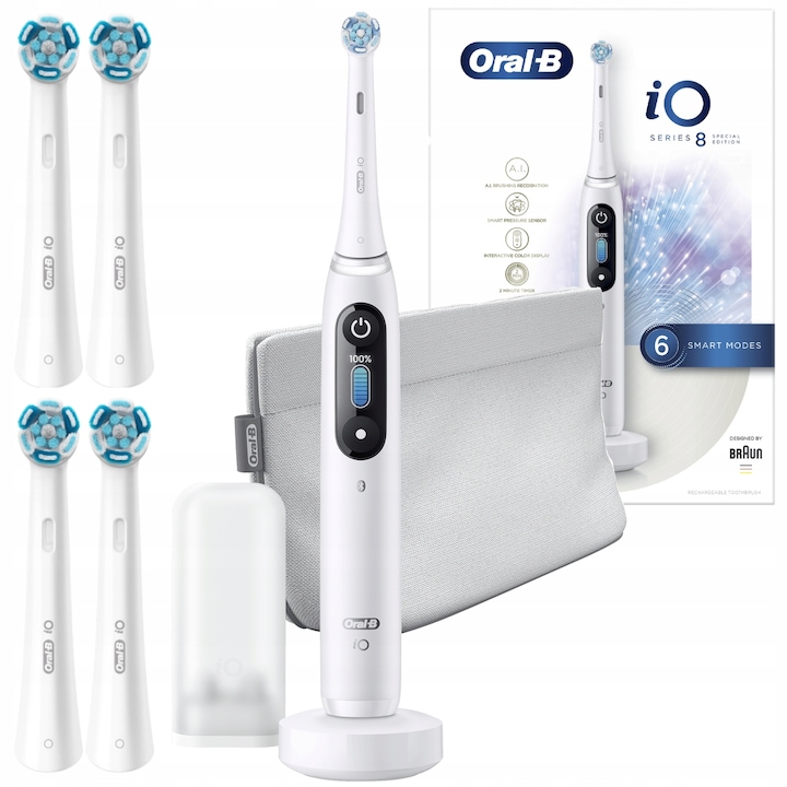 Szett, elektromos fogkefe, Oral-B iO Series 8, fehér, fehér, 4x Reserve Ultimate Clean