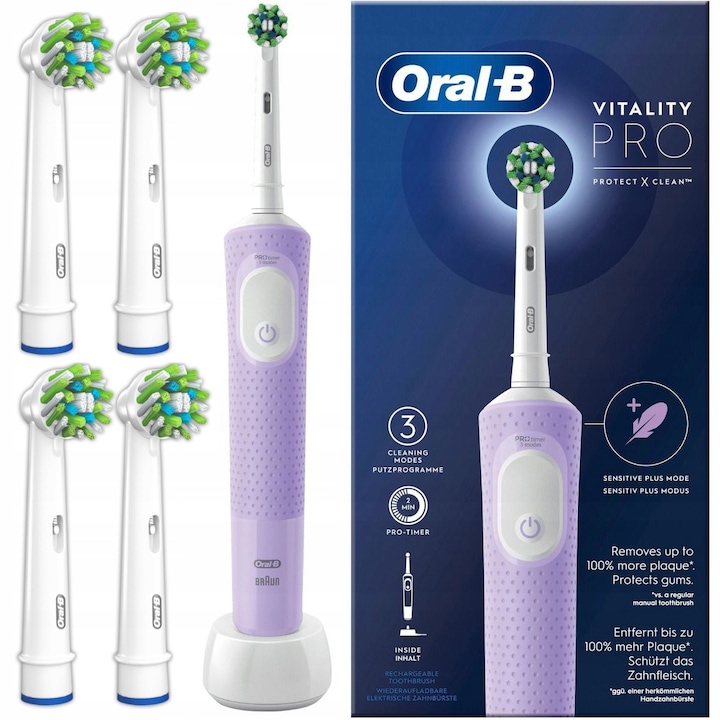 Szett, elektromos fogkefék, Oral-B Vitality PRO Protect X Clean, lila, 4x Reserva Cross Action