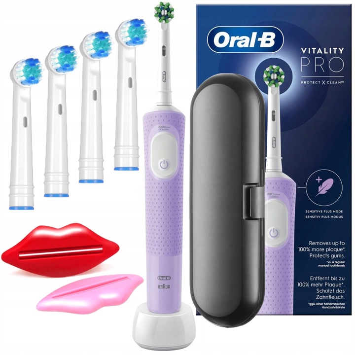 Комплект, електрически четки за зъби, Oral-B Vitality PRO Protect X Clean, Purple, 4x резервни глави, куфар за пътуване, 2x паста за изстискване