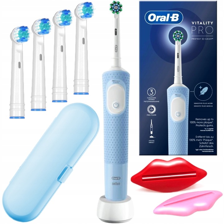 Szett, Elektromos fogkefék, Oral-B Vitality PRO Protect X Clean, Alabástrom, 4x Tartalék fej, Utazótáska, 2x Paszta kinyomó