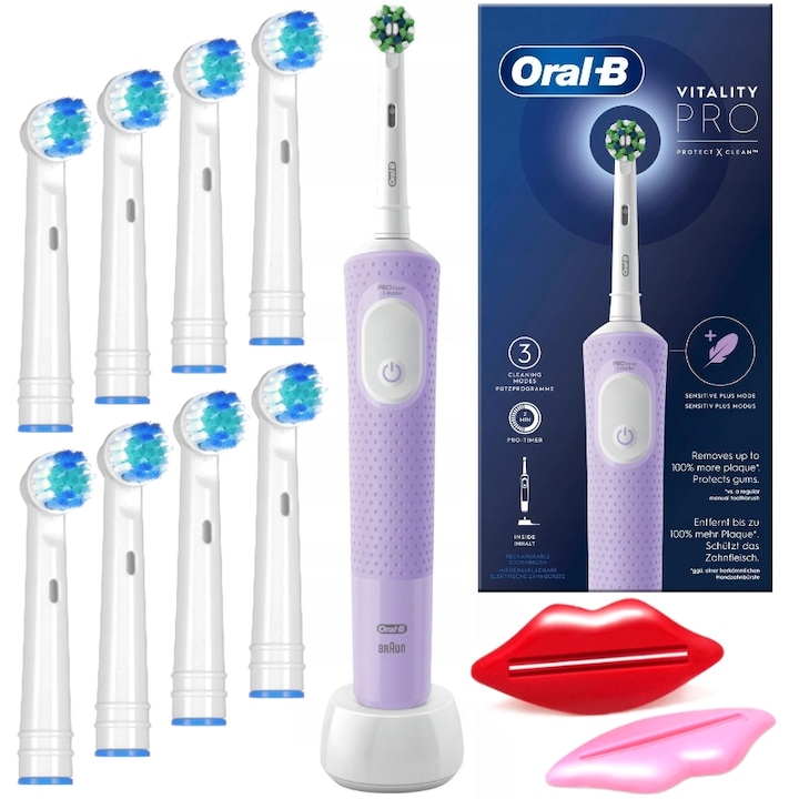 Szett, Elektromos fogkefék, Oral-B Vitality PRO Protect X Clean, lila, 8x tartalék fej, 2x paszta kiszívó