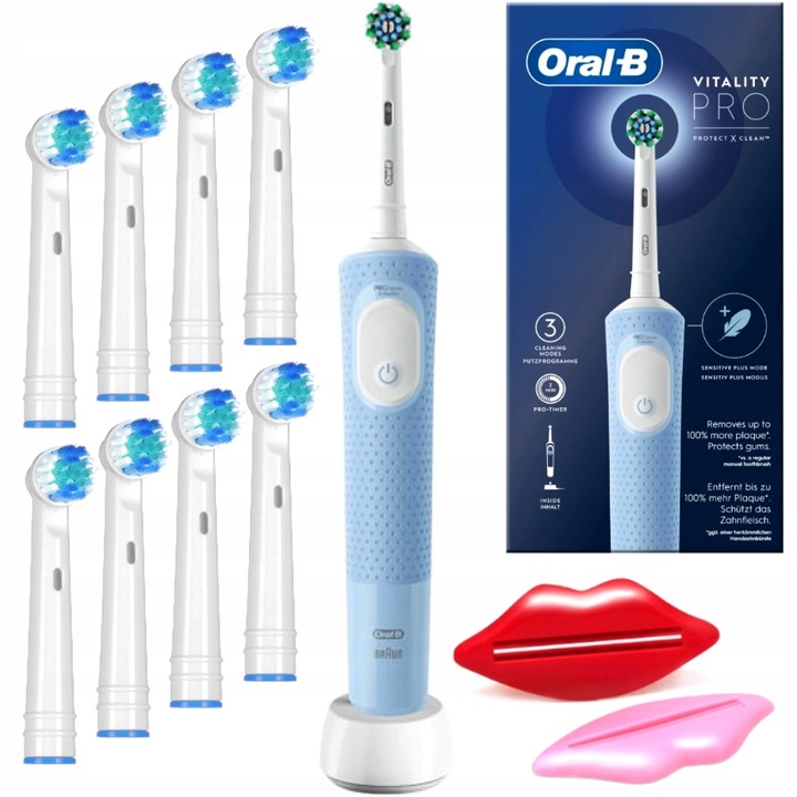 Szett, Elektromos fogkefék, Oral-B Vitality PRO Protect X Clean, Alabástrom, 8x Tartalék fej, 2x Paszta kiszívó