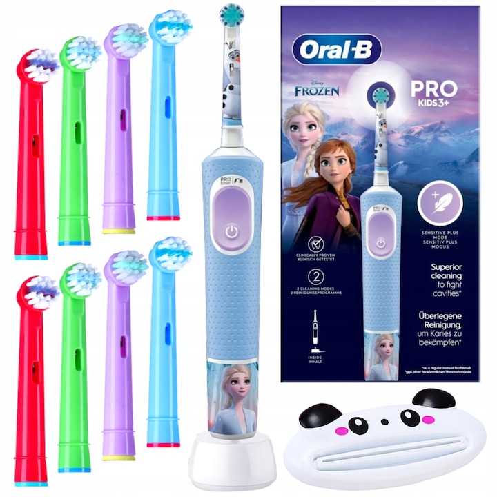 Szett, Elektromos fogkefék gyerekeknek, Oral-B Vitality PRO Kids 3+, Frozen, Alabástrom, 8x tartalék fejek, Paszta kinyomók