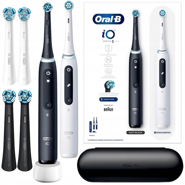 Szett, elektromos fogkefék, Oral-B iO Series 5 DUO, fehér, fekete, 4x Reserva Ultimate Clean