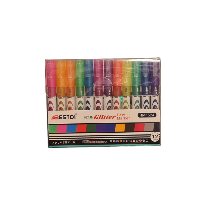 Комплект от 12 маркера Bestdi с блясък и кръгъл връх за всякакви повърхности