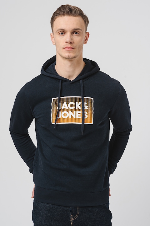 Jack & Jones, Steel logós pamuttartalmú pulóver kapucnival, Sötétkék