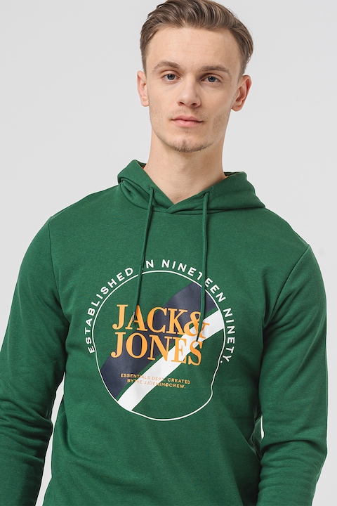 Jack & Jones, Loof logós pulóver kapucnival, Zöld/Narancssárga