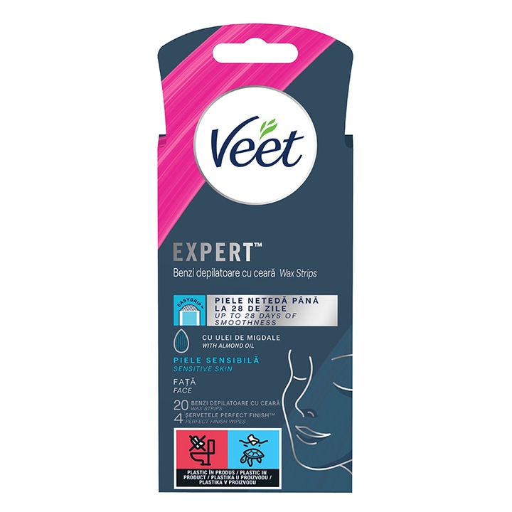 Ленти за депилация на лице Veet Expert, За чувствителна кожа, 20 броя