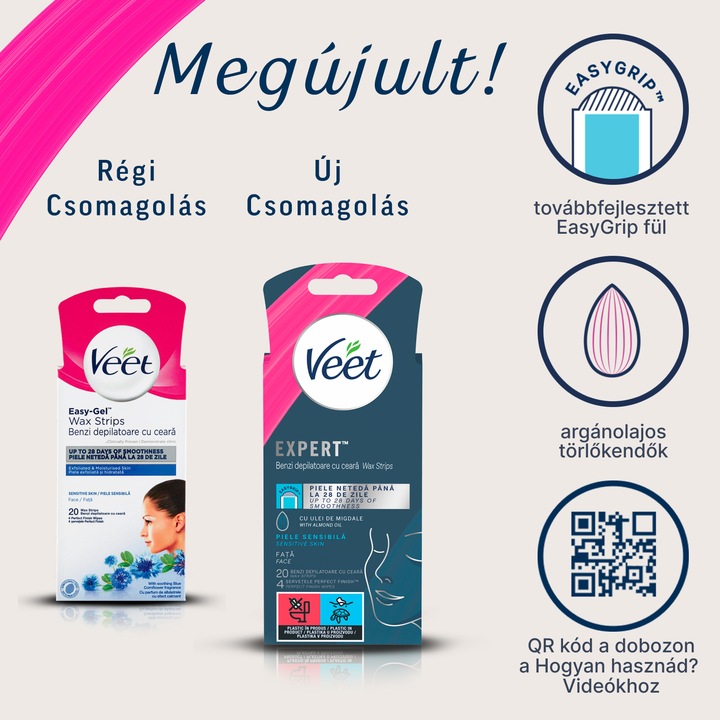 Veet Expert használatra kész hideggyanta szalagok – Arcra, érzékeny bőrre 20 db