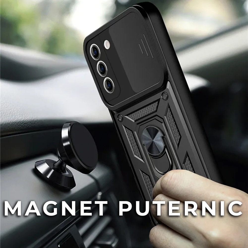 Husa pentru Samsung Galaxy S22 Plus 5G Premium Hybrid Armor Kickstand, Slider Camera, Antisoc, Protectie Superioara, Negru