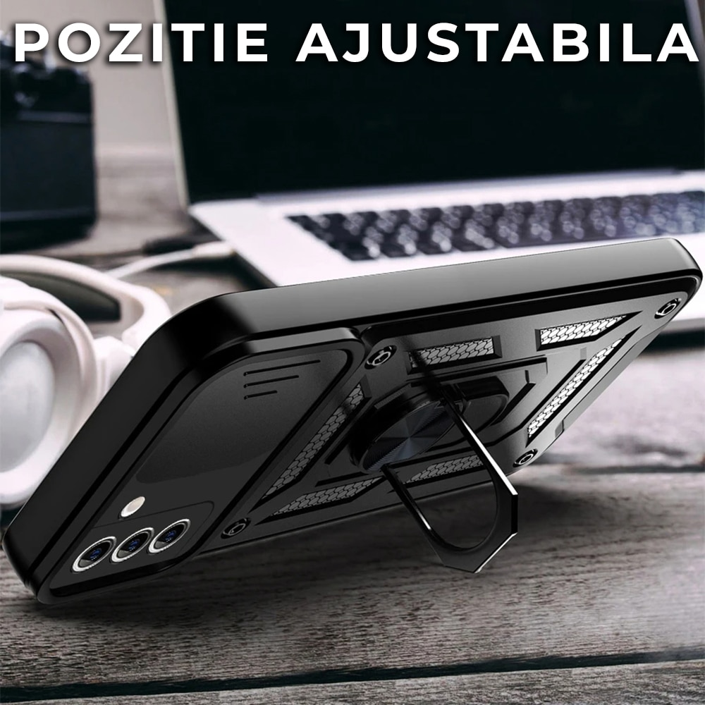 Husa pentru Samsung Galaxy S22 Plus 5G Premium Hybrid Armor Kickstand, Slider Camera, Antisoc, Protectie Superioara, Negru