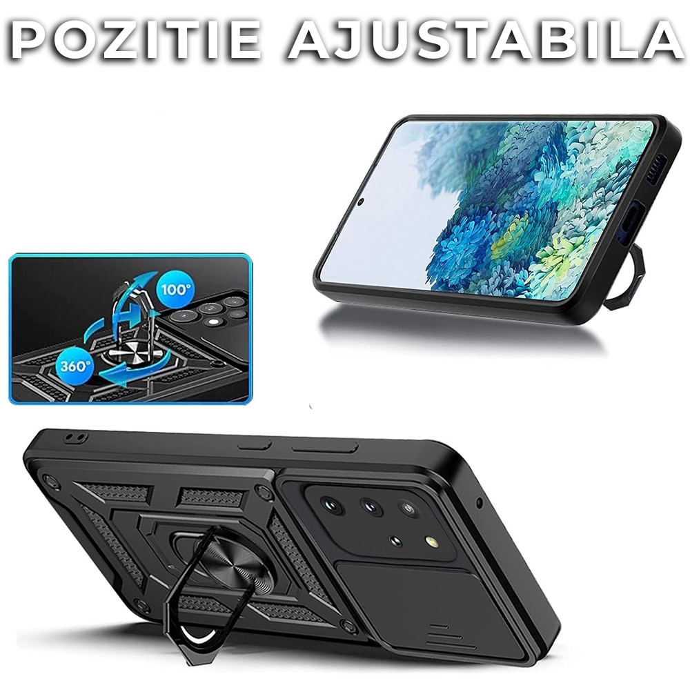 Husa pentru Samsung Galaxy S20 Plus 4G / S20 Plus 5G Premium Hybrid Armor Kickstand, Slider Camera, Antisoc, Protectie Superioara, Negru