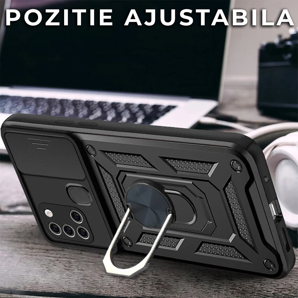 Husa pentru Samsung Galaxy A21s Premium Hybrid Armor Kickstand, Slider Camera, Antisoc, Protectie Superioara, Negru