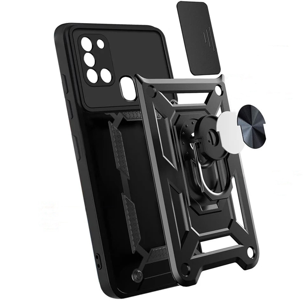 Husa pentru Samsung Galaxy A21s Premium Hybrid Armor Kickstand, Slider Camera, Antisoc, Protectie Superioara, Negru