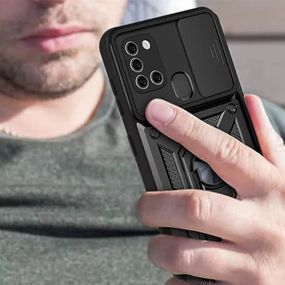 Husa pentru Samsung Galaxy A21s Premium Hybrid Armor Kickstand, Slider Camera, Antisoc, Protectie Superioara, Negru