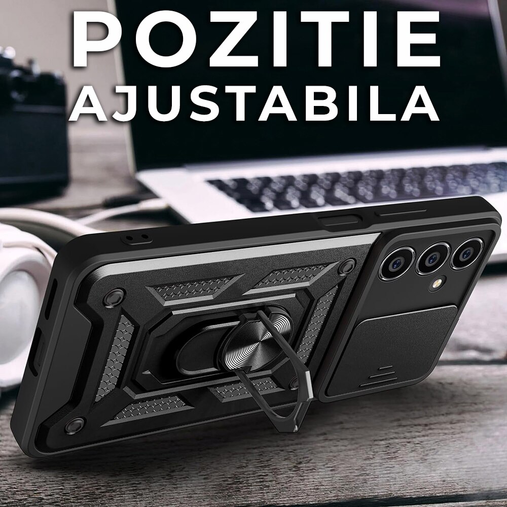 Husa pentru Samsung Galaxy S23 FE Premium Hybrid Armor Kickstand, Slider Camera, Antisoc, Protectie Superioara, Negru