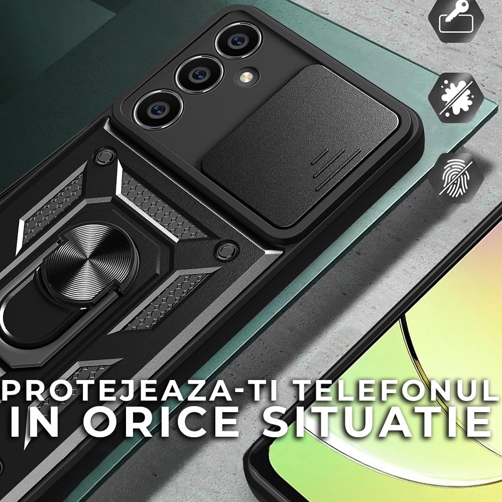 Husa pentru Samsung Galaxy S23 FE Premium Hybrid Armor Kickstand, Slider Camera, Antisoc, Protectie Superioara, Negru