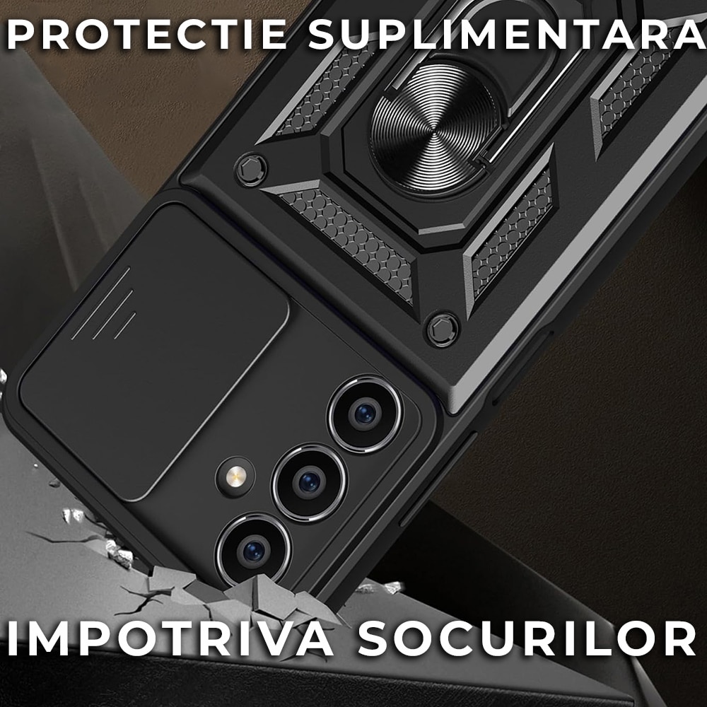 Husa pentru Samsung Galaxy S23 FE Premium Hybrid Armor Kickstand, Slider Camera, Antisoc, Protectie Superioara, Negru