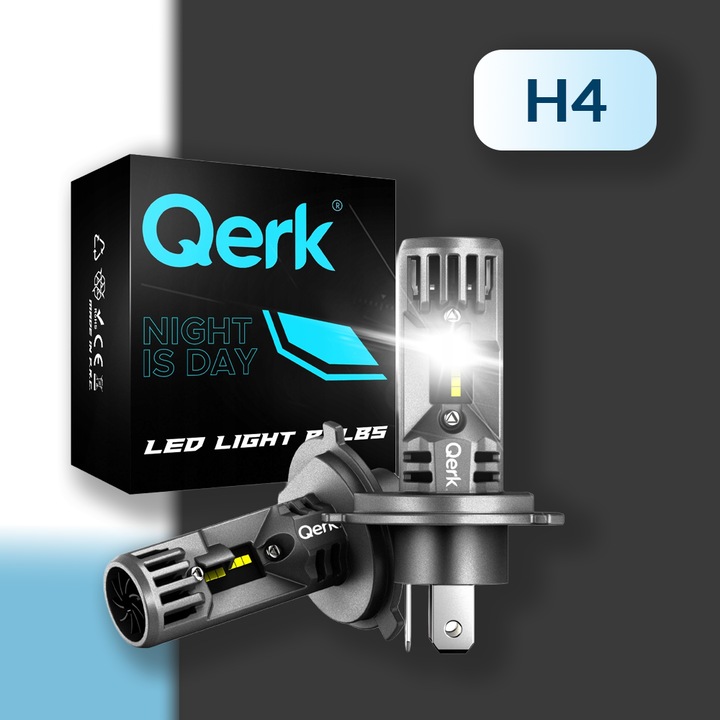 Set 2 Becuri Led Auto H4, Qerk, P43T, 70 W, 6500 K, 16000 Lm, 12 V, 50000 H, Lumini De Drum, Lumini De Intalnire, Lumini De Ceata