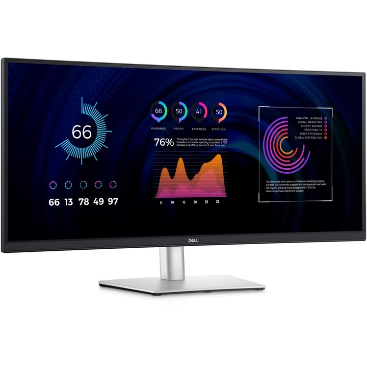 Монитор IPS LED Dell 34" P3424WE, WQHD (3440x1440), Извит, HDMI, DisplayPort, Черен/Сребрист