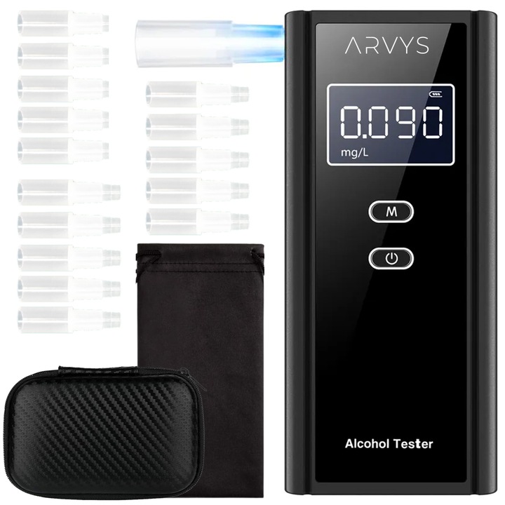 ARVYS® professzionális alkoholtesztelő memória funkcióval, nagy pontosságú érzékelőkkel, 4 mértékegységgel, 50 rekord tárolására, tárolótáskával, védőburkolattal és 15 szájrészvel