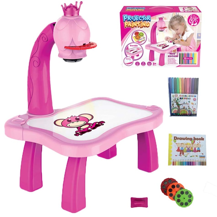 Образователна играчка тип дъска, маса за рисуване с проектор, с холограма, 3 диска с, 12 цветни четки, гумичка, Vaxiuja, розово