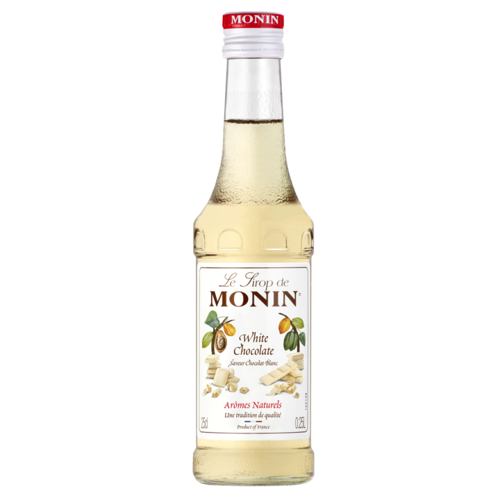Sirop Monin cu aroma bogata de ciocolata alba, ingredientul premium pentru a prepara acasa un White Chocolate Mocha delicios, latte cremos sau frappe rafinat, 250 ml