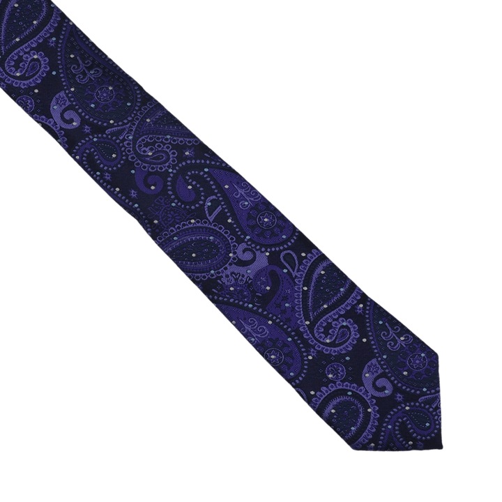 Cravata slim, Onore, mov, violet si alb, microfibra, 145 x 6.5 cm, model paisley