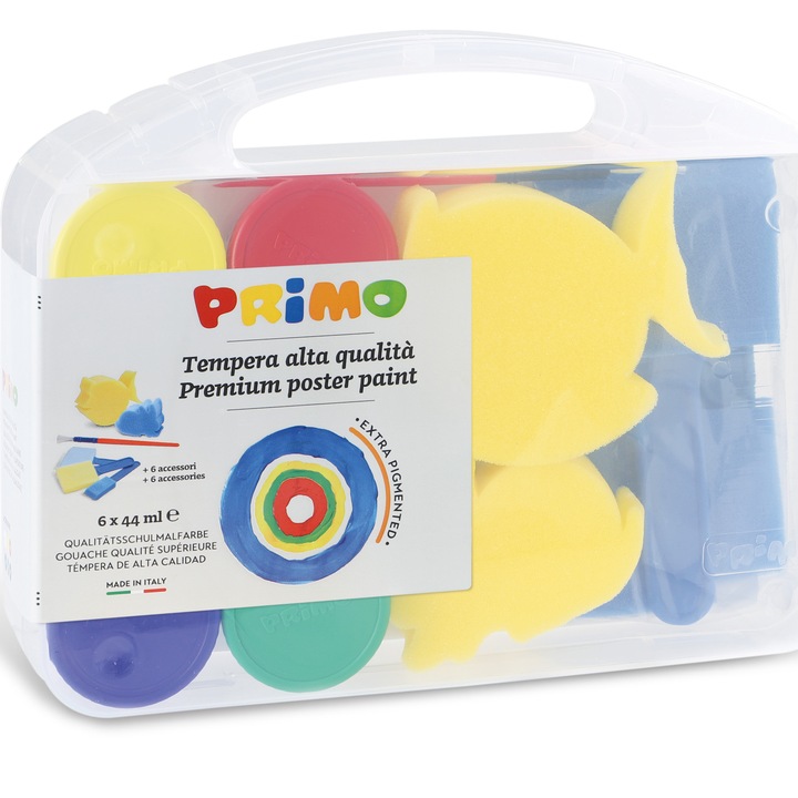 Комплект темперни бои Primo, 6 цвята, 44 мл/цвят, 2 гъби, 3 четки с гъби, 1 джъмбо четка, 1 предварително изрязана пластмасова форма, Пластмасова кутия