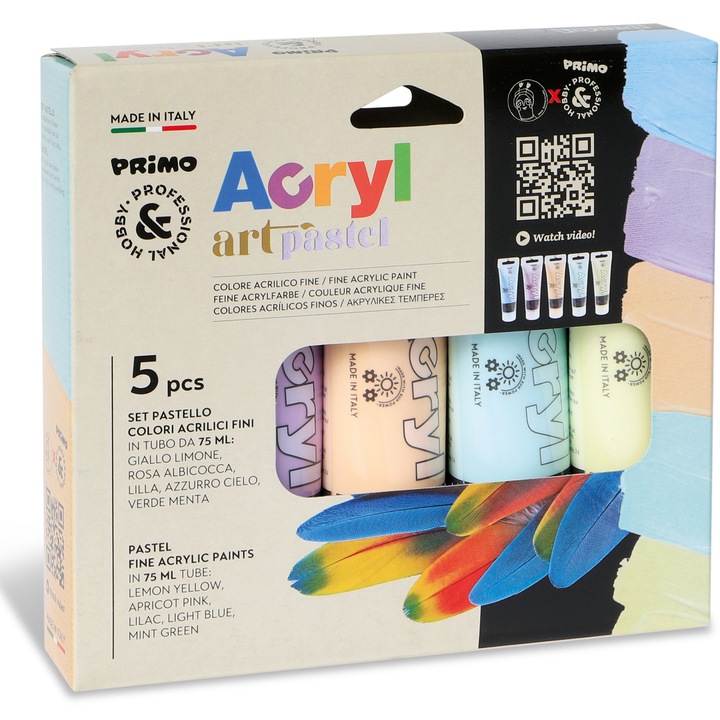 Акрилни темперни бои Primo, 75 мл, 5 пастелни цвята, Жълт, Син, Розов, Лилав